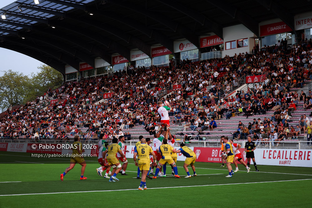 Heath Backhouse, lors du match de Pro D2 entre le Biarritz olympique et Nevers, le 10 avril 2026 au stade Aguiléra de Biarritz, France (Photo Pablo ORDAS)