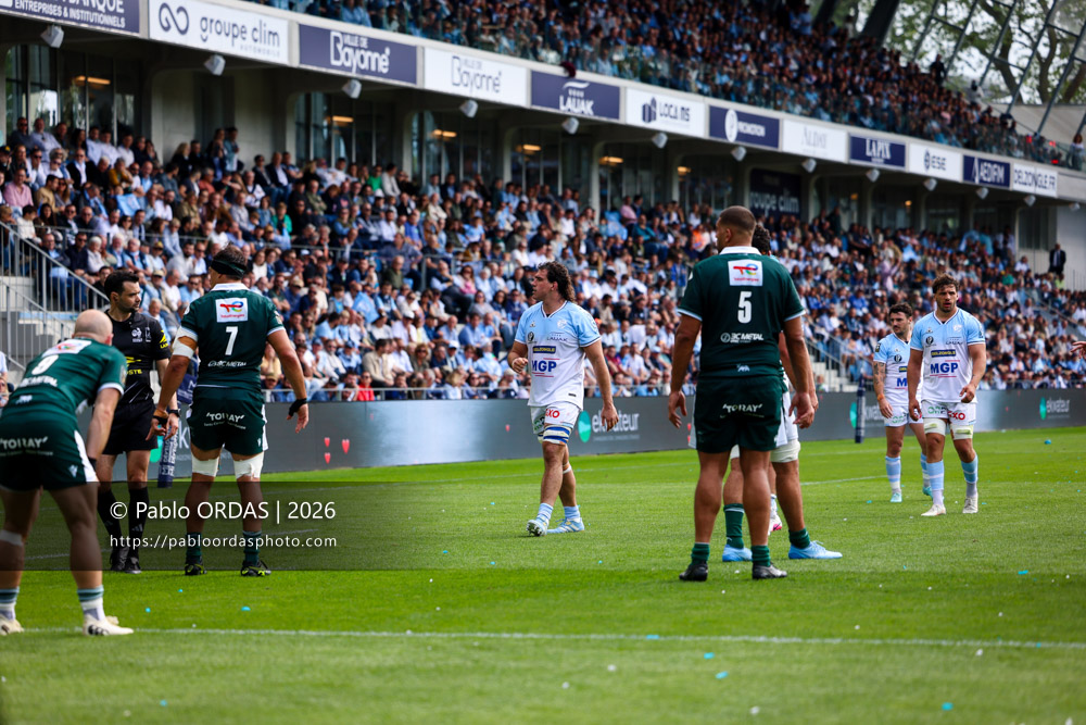 Lucas Paulos, lors du match de Top 14 entre l'Aviron bayonnais et la Section paloise, le 18 avril 2026 au stade Jean Dauger de Bayonne, France (Photo Pablo ORDAS)