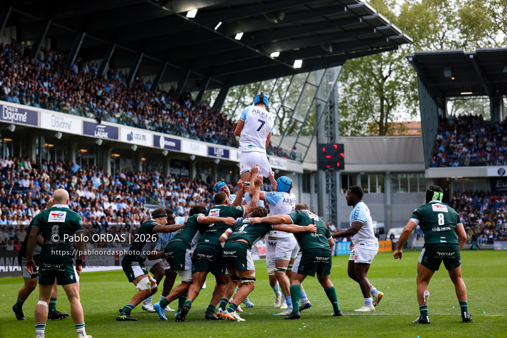 Baptiste Chouzenoux, lors du match de Top 14 entre l'Aviron bayonnais et la Section paloise, le 18 avril 2026 au stade Jean Dauger de Bayonne, France (Photo Pablo ORDAS)