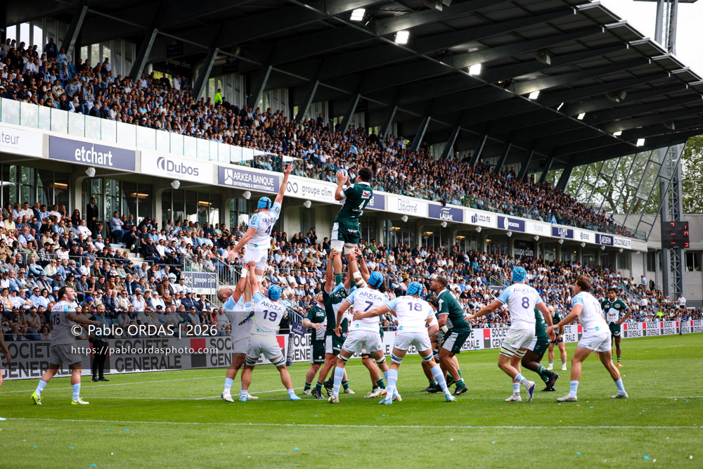 Hugo Auradou, lors du match de Top 14 entre l'Aviron bayonnais et la Section paloise, le 18 avril 2026 au stade Jean Dauger de Bayonne, France (Photo Pablo ORDAS)