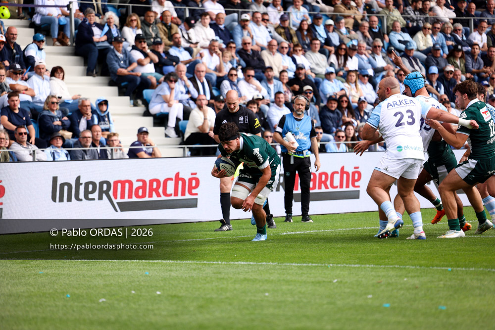 Hugo Auradou, lors du match de Top 14 entre l'Aviron bayonnais et la Section paloise, le 18 avril 2026 au stade Jean Dauger de Bayonne, France (Photo Pablo ORDAS)