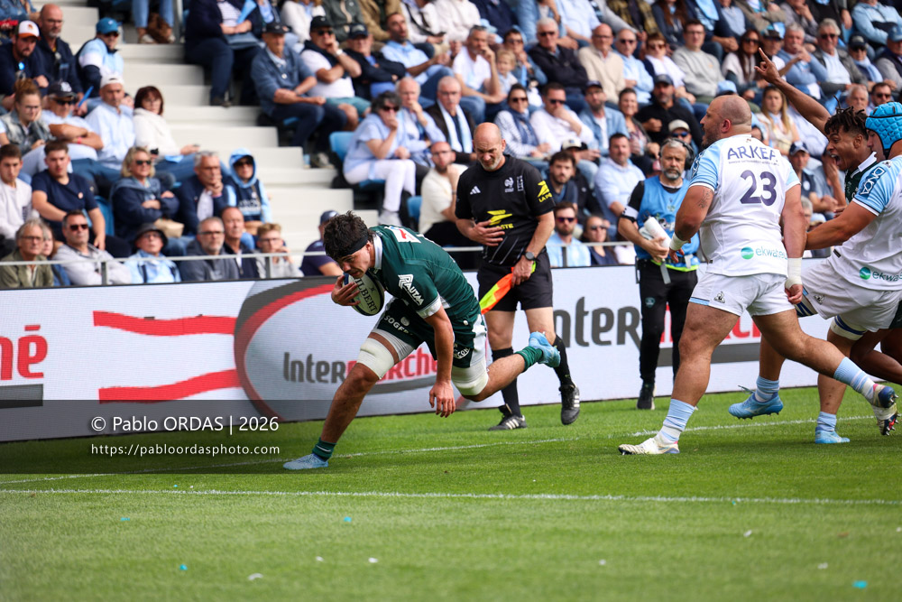 Hugo Auradou, lors du match de Top 14 entre l'Aviron bayonnais et la Section paloise, le 18 avril 2026 au stade Jean Dauger de Bayonne, France (Photo Pablo ORDAS)