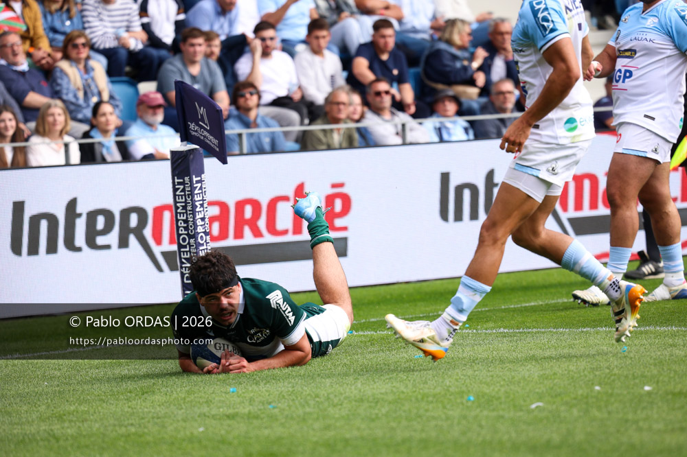 Hugo Auradou, lors du match de Top 14 entre l'Aviron bayonnais et la Section paloise, le 18 avril 2026 au stade Jean Dauger de Bayonne, France (Photo Pablo ORDAS)