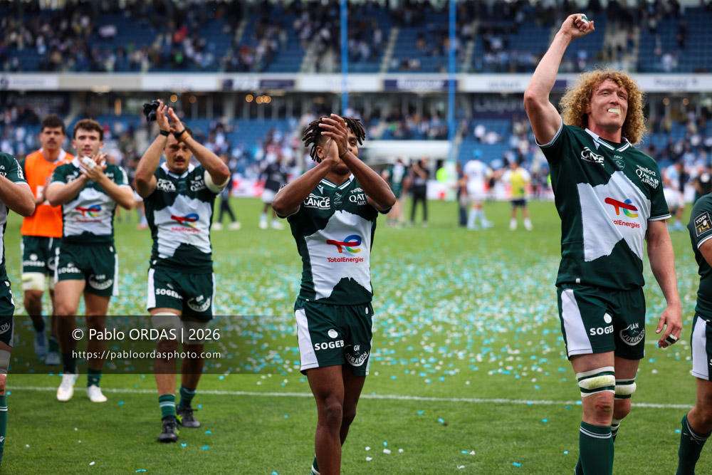 Théo Attissogbe, Thomas Jolmes, lors du match de Top 14 entre l'Aviron bayonnais et la Section paloise, le 18 avril 2026 au stade Jean Dauger de Bayonne, France (Photo Pablo ORDAS)