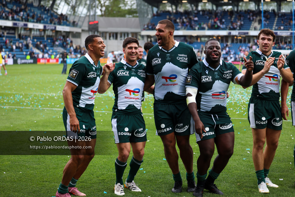 Aaron Grandidier, Thibault Daubagna, Jimi Maximin, Daniel Bibi Biziwu, Fabien Brau Boirie, lors du match de Top 14 entre l'Aviron bayonnais et la Section paloise, le 18 avril 2026 au stade Jean Dauger de Bayonne, France (Photo Pablo ORDAS)