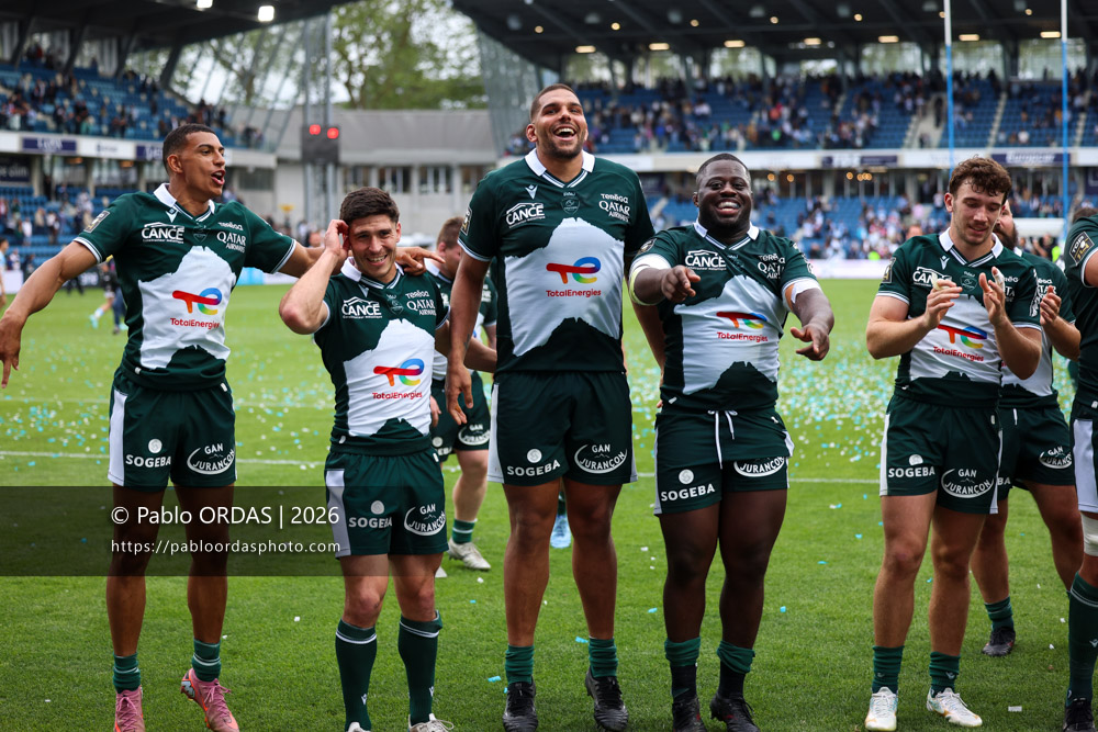 Aaron Grandidier, Thibault Daubagna, Jimi Maximin, Daniel Bibi Biziwu, Fabien Brau Boirie, lors du match de Top 14 entre l'Aviron bayonnais et la Section paloise, le 18 avril 2026 au stade Jean Dauger de Bayonne, France (Photo Pablo ORDAS)