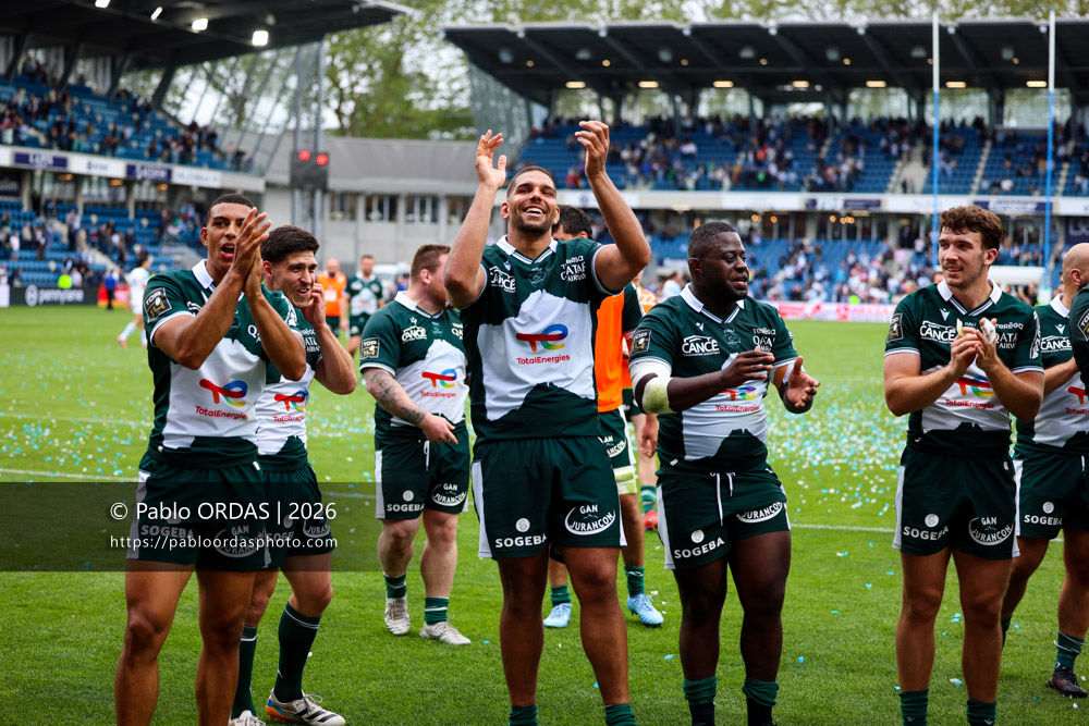 Aaron Grandidier, Jimi Maximin, Daniel Bibi Biziwu, Fabien Brau Boirie, lors du match de Top 14 entre l'Aviron bayonnais et la Section paloise, le 18 avril 2026 au stade Jean Dauger de Bayonne, France (Photo Pablo ORDAS)