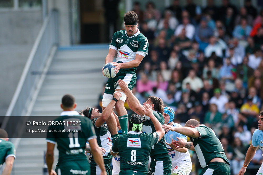 Hugo Auradou, lors du match de Top 14 entre l'Aviron bayonnais et la Section paloise, le 18 avril 2026 au stade Jean Dauger de Bayonne, France (Photo Pablo ORDAS)