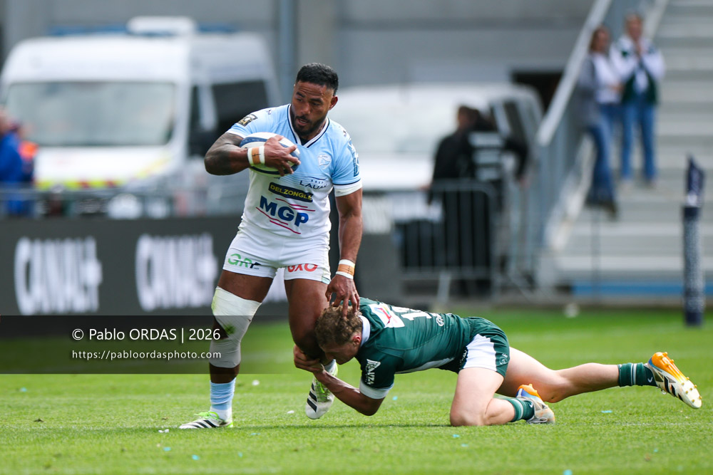 Manu Tuilagi, lors du match de Top 14 entre l'Aviron bayonnais et la Section paloise, le 18 avril 2026 au stade Jean Dauger de Bayonne, France (Photo Pablo ORDAS)