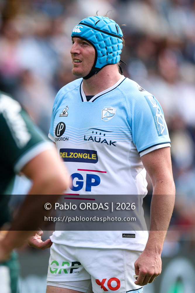 Arthur Iturria, lors du match de Top 14 entre l'Aviron bayonnais et la Section paloise, le 18 avril 2026 au stade Jean Dauger de Bayonne, France (Photo Pablo ORDAS)