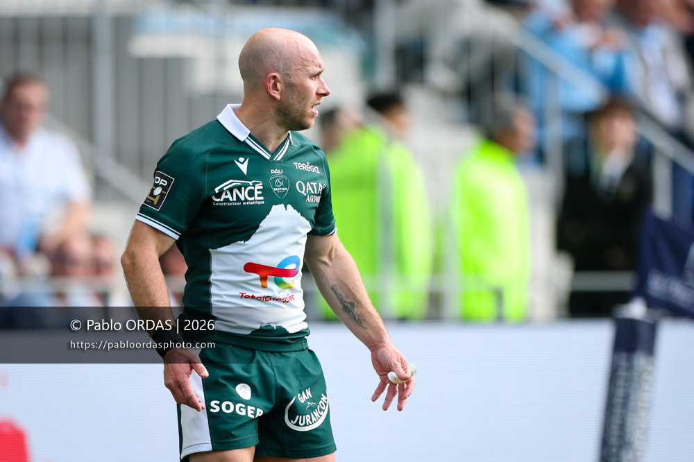 Dan Robson, lors du match de Top 14 entre l'Aviron bayonnais et la Section paloise, le 18 avril 2026 au stade Jean Dauger de Bayonne, France (Photo Pablo ORDAS)