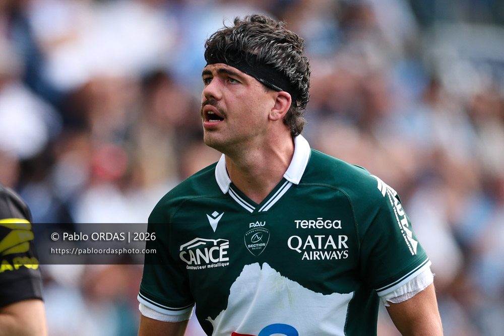 Hugo Auradou, lors du match de Top 14 entre l'Aviron bayonnais et la Section paloise, le 18 avril 2026 au stade Jean Dauger de Bayonne, France (Photo Pablo ORDAS)