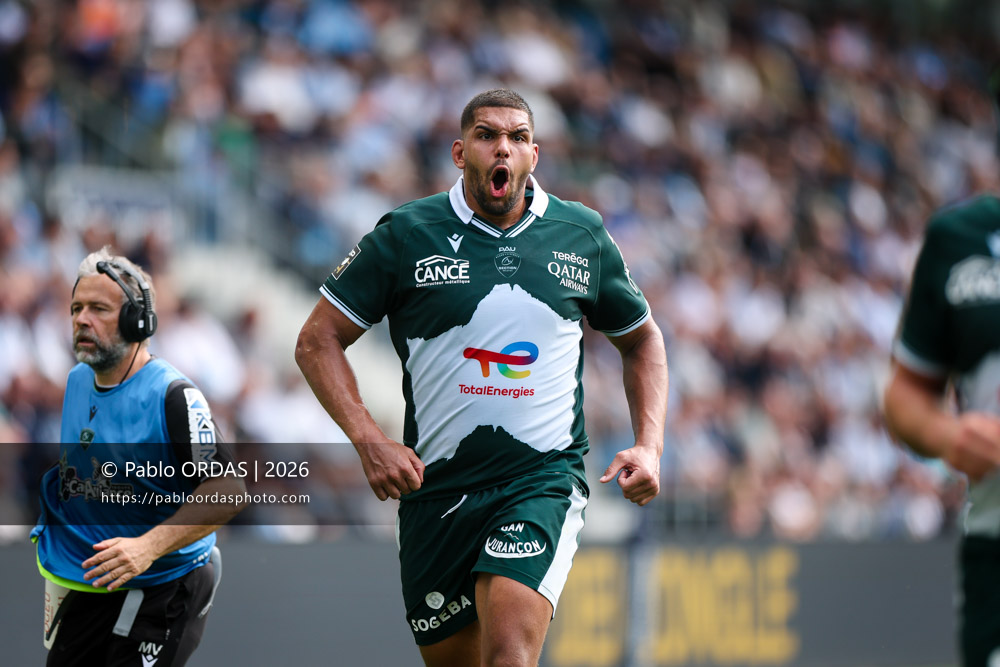 Jimi Maximin, lors du match de Top 14 entre l'Aviron bayonnais et la Section paloise, le 18 avril 2026 au stade Jean Dauger de Bayonne, France (Photo Pablo ORDAS)