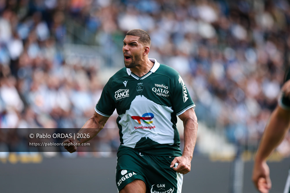 Jimi Maximin, lors du match de Top 14 entre l'Aviron bayonnais et la Section paloise, le 18 avril 2026 au stade Jean Dauger de Bayonne, France (Photo Pablo ORDAS)