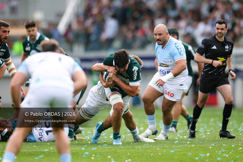 Hugo Auradou, lors du match de Top 14 entre l'Aviron bayonnais et la Section paloise, le 18 avril 2026 au stade Jean Dauger de Bayonne, France (Photo Pablo ORDAS)
