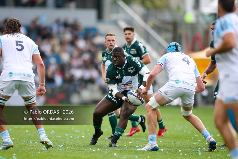 Daniel Bibi Biziwu, lors du match de Top 14 entre l'Aviron bayonnais et la Section paloise, le 18 avril 2026 au stade Jean Dauger de Bayonne, France (Photo Pablo ORDAS)