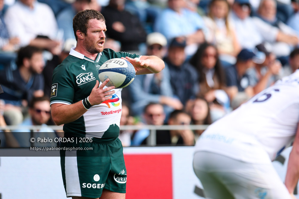 Julian Montoya, lors du match de Top 14 entre l'Aviron bayonnais et la Section paloise, le 18 avril 2026 au stade Jean Dauger de Bayonne, France (Photo Pablo ORDAS)