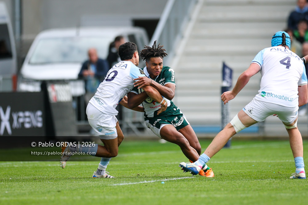 Théo Attissogbe, lors du match de Top 14 entre l'Aviron bayonnais et la Section paloise, le 18 avril 2026 au stade Jean Dauger de Bayonne, France (Photo Pablo ORDAS)