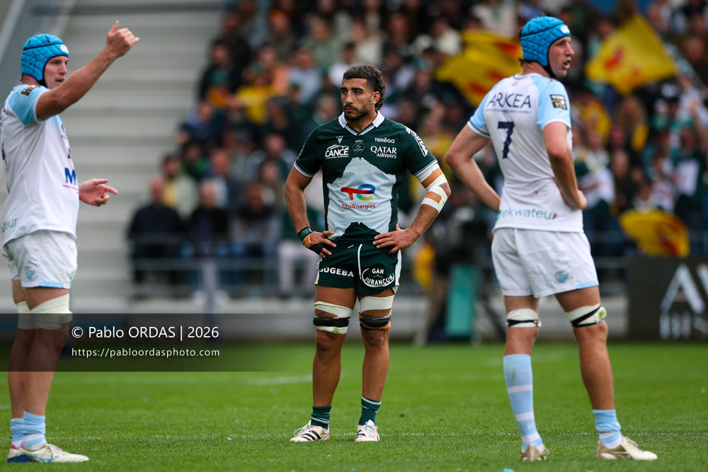 Sacha Zegueur, lors du match de Top 14 entre l'Aviron bayonnais et la Section paloise, le 18 avril 2026 au stade Jean Dauger de Bayonne, France (Photo Pablo ORDAS)