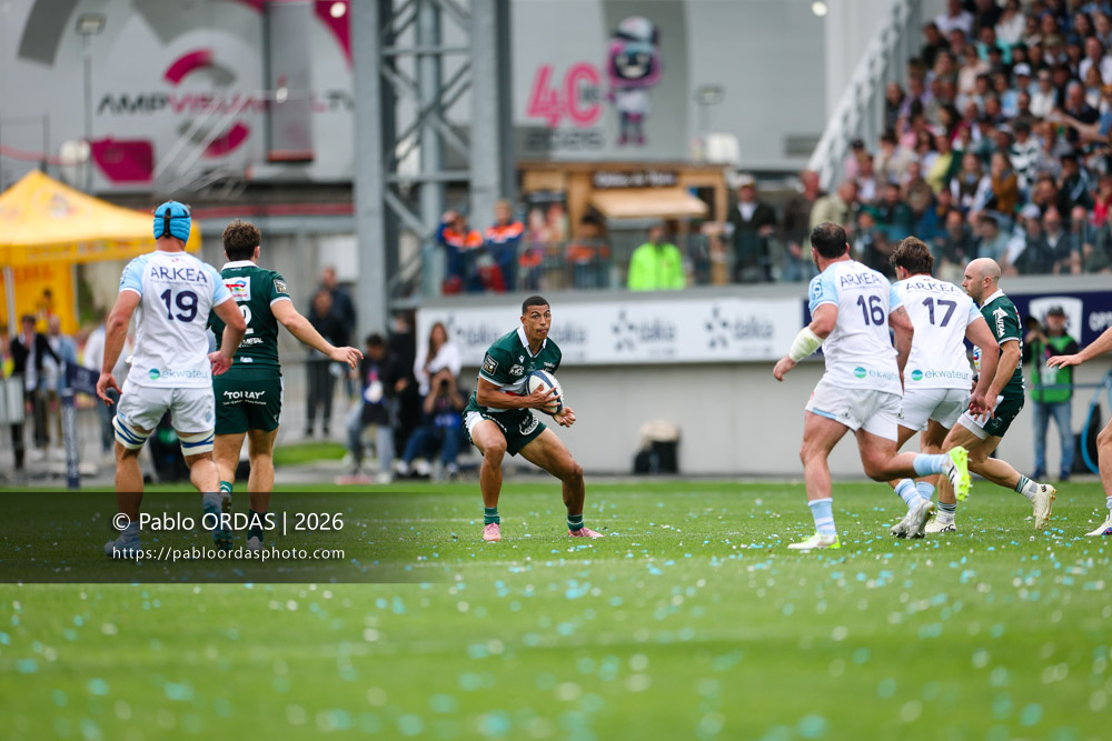 Aaron Grandidier, lors du match de Top 14 entre l'Aviron bayonnais et la Section paloise, le 18 avril 2026 au stade Jean Dauger de Bayonne, France (Photo Pablo ORDAS)