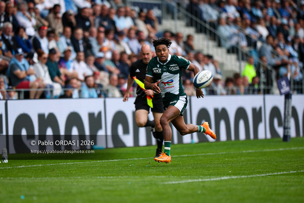 Théo Attissogbe, lors du match de Top 14 entre l'Aviron bayonnais et la Section paloise, le 18 avril 2026 au stade Jean Dauger de Bayonne, France (Photo Pablo ORDAS)