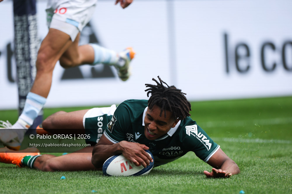 Théo Attissogbe, lors du match de Top 14 entre l'Aviron bayonnais et la Section paloise, le 18 avril 2026 au stade Jean Dauger de Bayonne, France (Photo Pablo ORDAS)