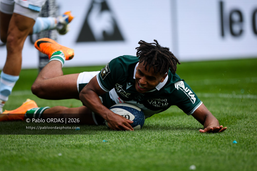 Théo Attissogbe, lors du match de Top 14 entre l'Aviron bayonnais et la Section paloise, le 18 avril 2026 au stade Jean Dauger de Bayonne, France (Photo Pablo ORDAS)