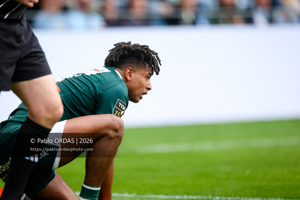 Théo Attissogbe, lors du match de Top 14 entre l'Aviron bayonnais et la Section paloise, le 18 avril 2026 au stade Jean Dauger de Bayonne, France (Photo Pablo ORDAS)