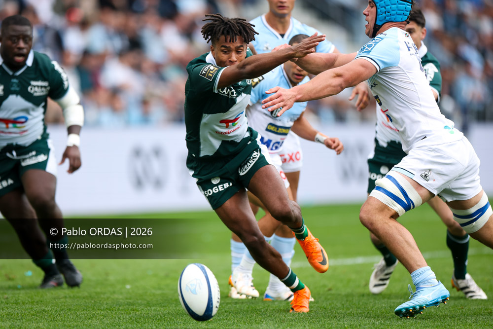 Théo Attissogbe, lors du match de Top 14 entre l'Aviron bayonnais et la Section paloise, le 18 avril 2026 au stade Jean Dauger de Bayonne, France (Photo Pablo ORDAS)
