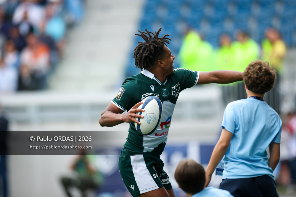 Théo Attissogbe, lors du match de Top 14 entre l'Aviron bayonnais et la Section paloise, le 18 avril 2026 au stade Jean Dauger de Bayonne, France (Photo Pablo ORDAS)