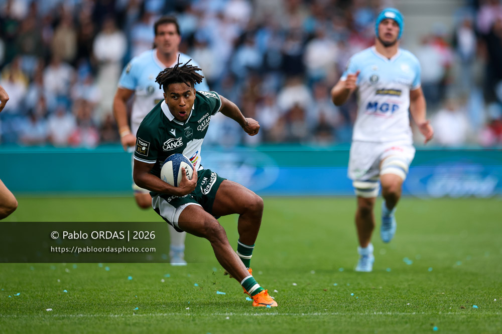 Théo Attissogbe, lors du match de Top 14 entre l'Aviron bayonnais et la Section paloise, le 18 avril 2026 au stade Jean Dauger de Bayonne, France (Photo Pablo ORDAS)