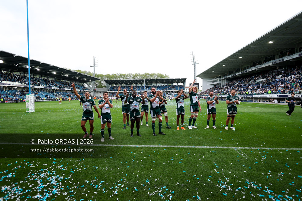 Aaron Grandidier, Thibault Daubagna, Daniel Bibi Biziwu, Rémi Picquette, Théo Attissogbe, Thomas Jolmes, Youri Delhommel, Sacha Zegueur, lors du match de Top 14 entre l'Aviron bayonnais et la Section paloise, le 18 avril 2026 au stade Jean Dauger de Bayonne, France (Photo Pablo ORDAS)