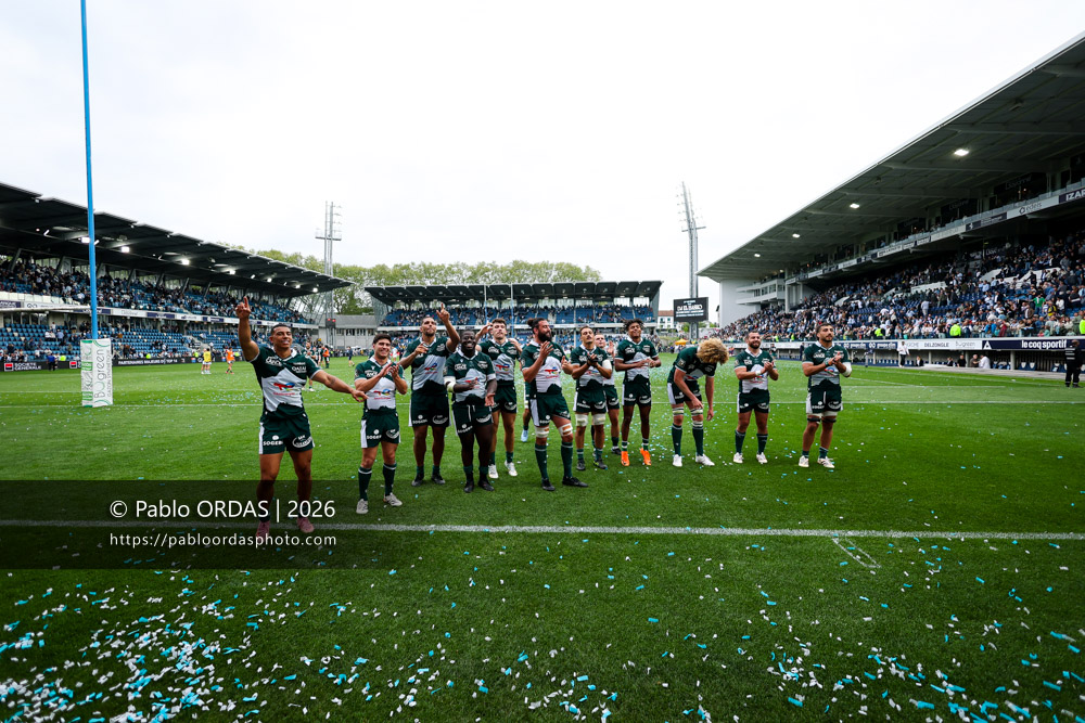 Aaron Grandidier, Thibault Daubagna, Jimi Maximin, Daniel Bibi Biziwu, Fabien Brau Boirie, Rémi Picquette, Loïc Crédoz, Théo Attissogbe, Thomas Jolmes, Youri Delhommel, Sacha Zegueur, lors du match de Top 14 entre l'Aviron bayonnais et la Section paloise, le 18 avril 2026 au stade Jean Dauger de Bayonne, France (Photo Pablo ORDAS)
