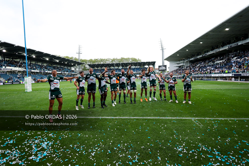 Aaron Grandidier, Thibault Daubagna, Jimi Maximin, Daniel Bibi Biziwu, Fabien Brau Boirie, Rémi Picquette, Loïc Crédoz, Théo Attissogbe, Thomas Jolmes, Youri Delhommel, Sacha Zegueur, lors du match de Top 14 entre l'Aviron bayonnais et la Section paloise, le 18 avril 2026 au stade Jean Dauger de Bayonne, France (Photo Pablo ORDAS)