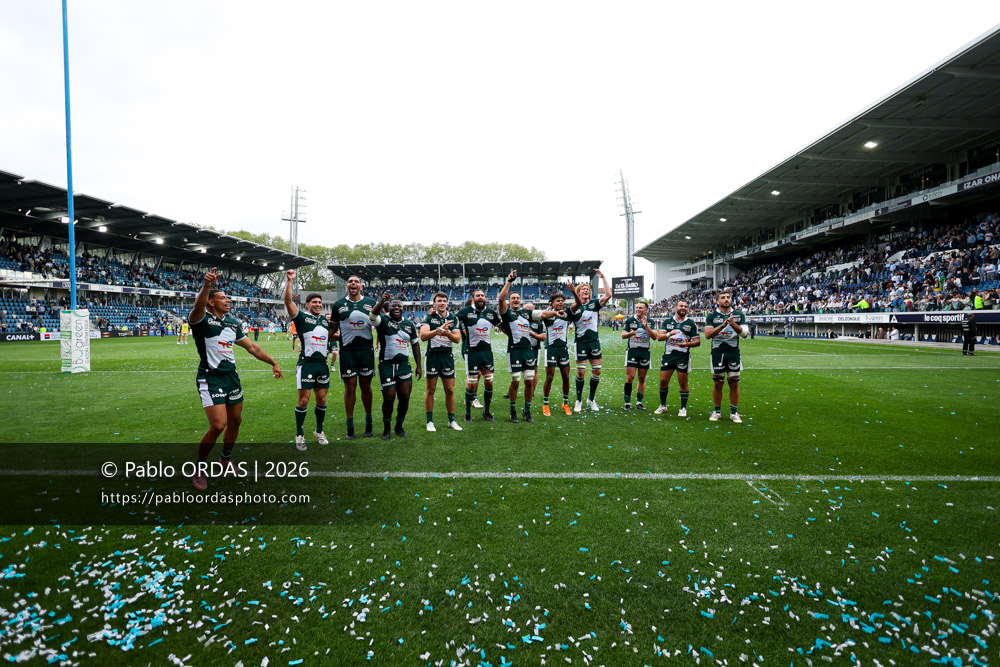 Aaron Grandidier, Thibault Daubagna, Jimi Maximin, Daniel Bibi Biziwu, Fabien Brau Boirie, Rémi Picquette, Loïc Crédoz, Théo Attissogbe, Thomas Jolmes, Youri Delhommel, Sacha Zegueur, lors du match de Top 14 entre l'Aviron bayonnais et la Section paloise, le 18 avril 2026 au stade Jean Dauger de Bayonne, France (Photo Pablo ORDAS)