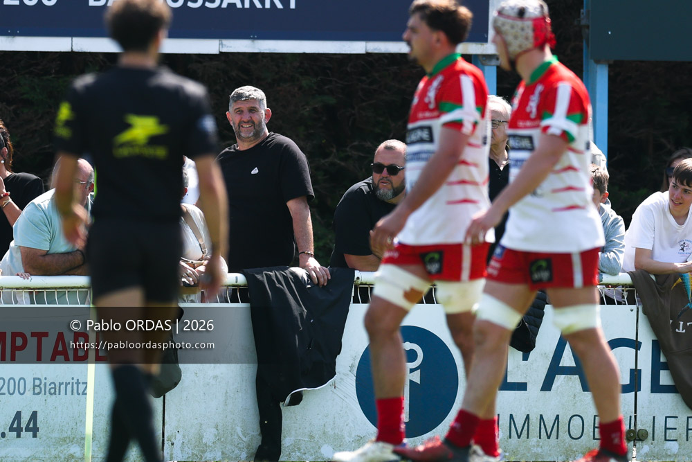 Grégory Patat, Stéphane Barberena, lors du match de Nationale 2 entre l'Anglet olympique et Mauléon, le 19 avril 2026 au stade Saint-Jean d'Anglet, France (Photo Pablo ORDAS)