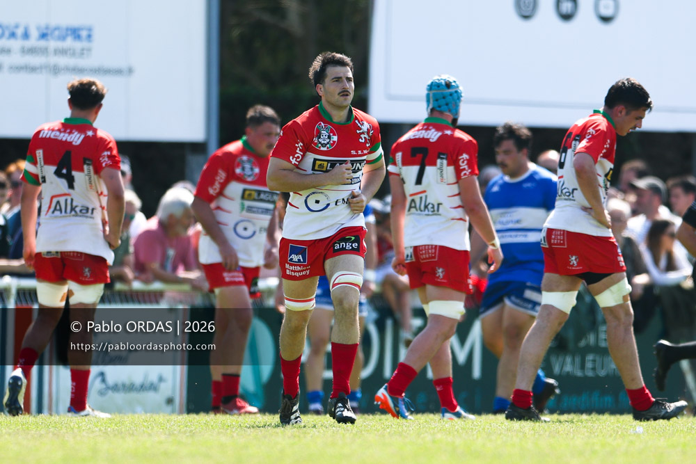 Hugo Jezequellou, lors du match de Nationale 2 entre l'Anglet olympique et Mauléon, le 19 avril 2026 au stade Saint-Jean d'Anglet, France (Photo Pablo ORDAS)