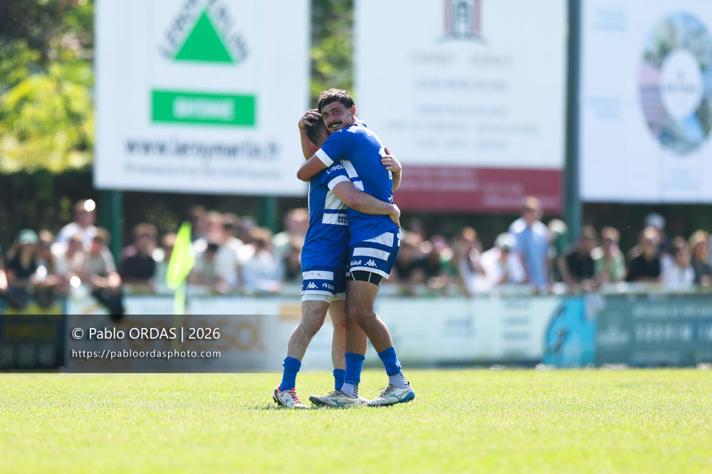 Bastien Fischer, Iban Tsouladzé, lors du match de Nationale 2 entre l'Anglet olympique et Mauléon, le 19 avril 2026 au stade Saint-Jean d'Anglet, France (Photo Pablo ORDAS)