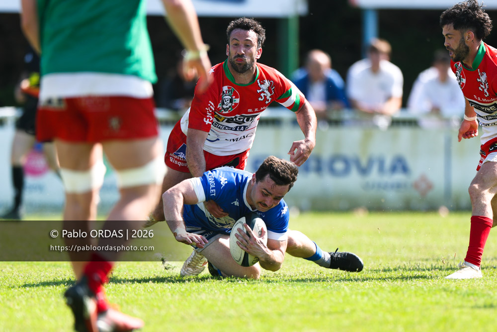Bixente Layan, lors du match de Nationale 2 entre l'Anglet olympique et Mauléon, le 19 avril 2026 au stade Saint-Jean d'Anglet, France (Photo Pablo ORDAS)