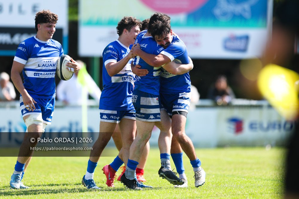 Bixente Layan, Iban Tsouladzé, lors du match de Nationale 2 entre l'Anglet olympique et Mauléon, le 19 avril 2026 au stade Saint-Jean d'Anglet, France (Photo Pablo ORDAS)