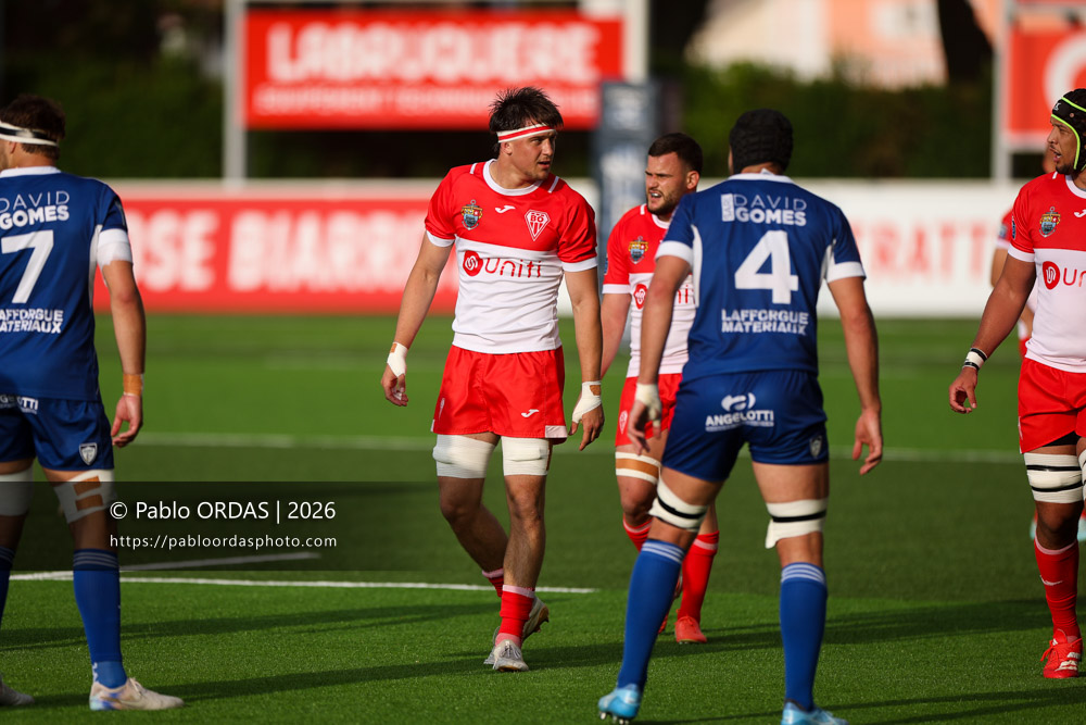 Andrea Sacco, lors du match de Pro D2 entre le Biarritz olympique et Colomiers, le 24 avril 2026 au stade Aguiléra de Biarritz, France (Photo Pablo ORDAS)