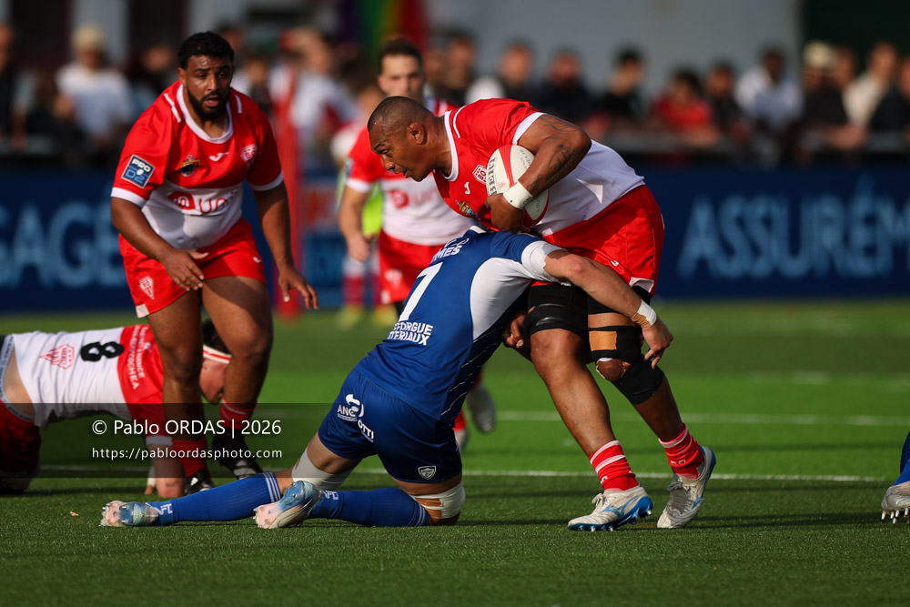 Piula Fa'asalele, lors du match de Pro D2 entre le Biarritz olympique et Colomiers, le 24 avril 2026 au stade Aguiléra de Biarritz, France (Photo Pablo ORDAS)