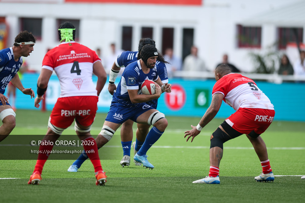Jean Thomas, lors du match de Pro D2 entre le Biarritz olympique et Colomiers, le 24 avril 2026 au stade Aguiléra de Biarritz, France (Photo Pablo ORDAS)