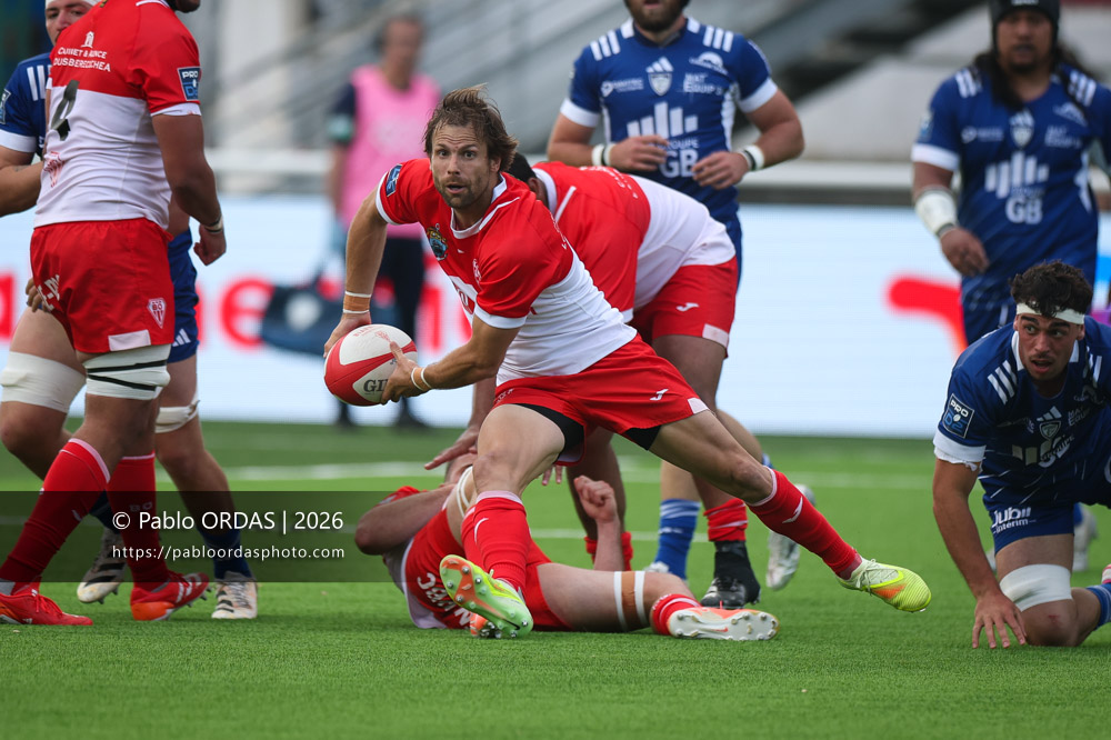 Yann Lesgourgues, lors du match de Pro D2 entre le Biarritz olympique et Colomiers, le 24 avril 2026 au stade Aguiléra de Biarritz, France (Photo Pablo ORDAS)