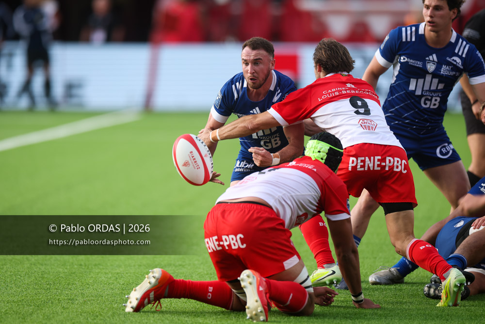 Ugo Séguéla, lors du match de Pro D2 entre le Biarritz olympique et Colomiers, le 24 avril 2026 au stade Aguiléra de Biarritz, France (Photo Pablo ORDAS)