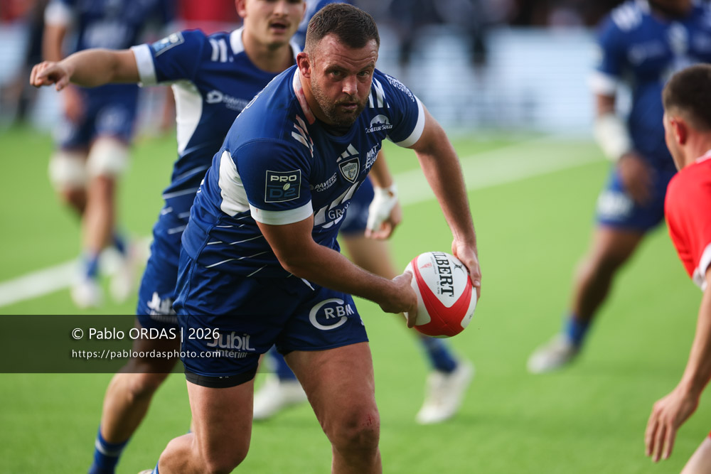 Thomas Larrieu, lors du match de Pro D2 entre le Biarritz olympique et Colomiers, le 24 avril 2026 au stade Aguiléra de Biarritz, France (Photo Pablo ORDAS)