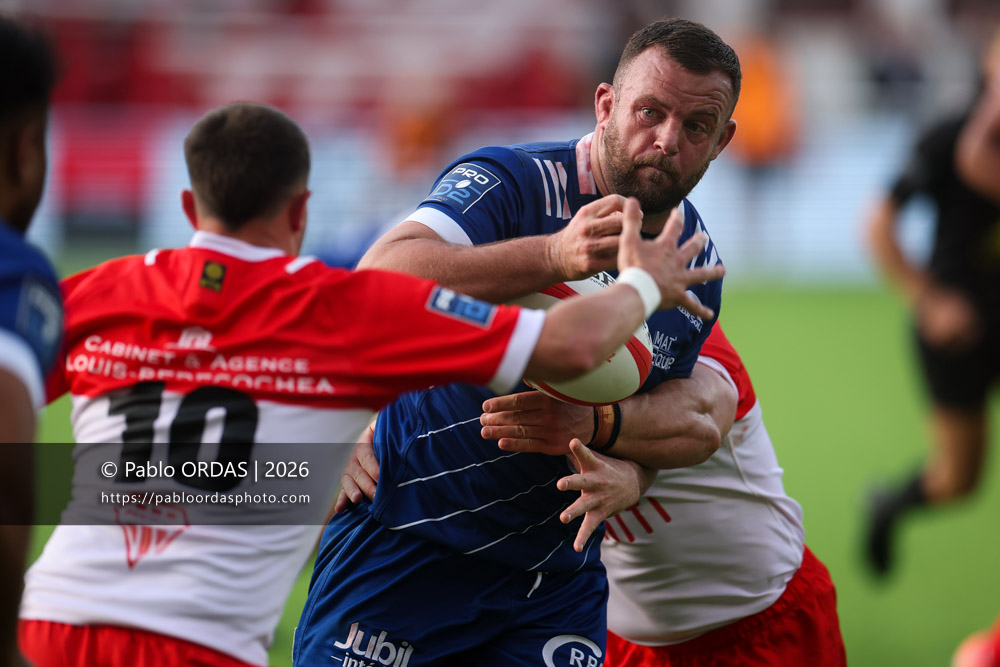 Thomas Larrieu, lors du match de Pro D2 entre le Biarritz olympique et Colomiers, le 24 avril 2026 au stade Aguiléra de Biarritz, France (Photo Pablo ORDAS)