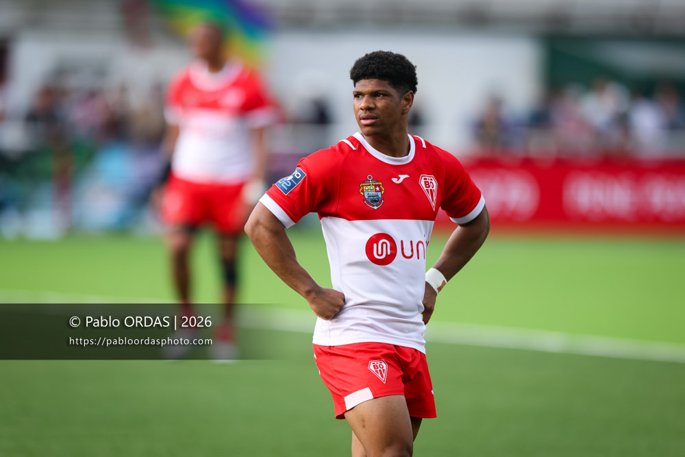 Joe Jonas, lors du match de Pro D2 entre le Biarritz olympique et Colomiers, le 24 avril 2026 au stade Aguiléra de Biarritz, France (Photo Pablo ORDAS)