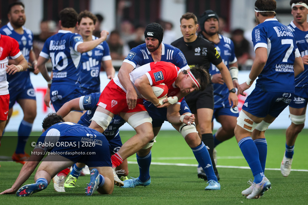 Andrea Sacco, lors du match de Pro D2 entre le Biarritz olympique et Colomiers, le 24 avril 2026 au stade Aguiléra de Biarritz, France (Photo Pablo ORDAS)