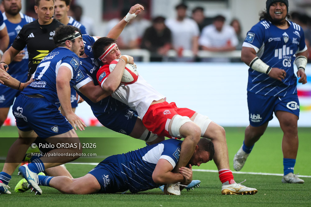 Andrea Sacco, lors du match de Pro D2 entre le Biarritz olympique et Colomiers, le 24 avril 2026 au stade Aguiléra de Biarritz, France (Photo Pablo ORDAS)